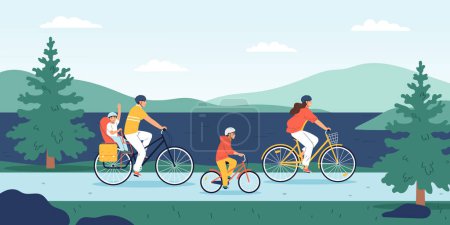 Illustration for Family outing flat background with mother father and children riding bicycles on nature vector illustration - Royalty Free Image