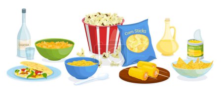 Illustration for Corn products flat set of packing sticks jug of oil canned corn popcorn for takeaway boiled whole corn cobs vector illustration - Royalty Free Image
