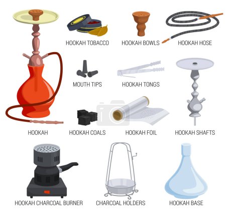 Illustration for Hookah flat set with caption depicting tobacco bowls mouth tips coals tongs shafts foil burner isolated vector illustration - Royalty Free Image