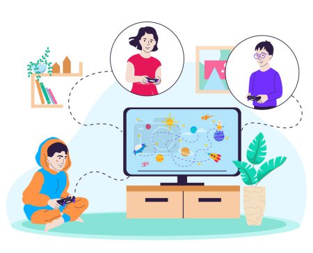Illustration for Children gadget addiction flat composition with indoor view of kid playing video game remotely with friends vector illustration - Royalty Free Image