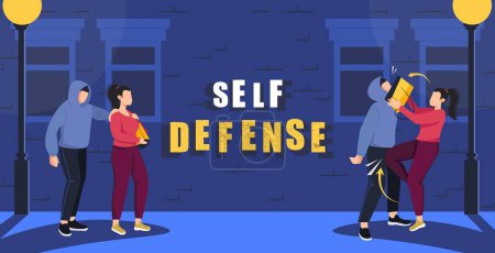 Illustration for Self defense training flat composition of editable text and outdoor view of backstreet with hooligans victim vector illustration - Royalty Free Image