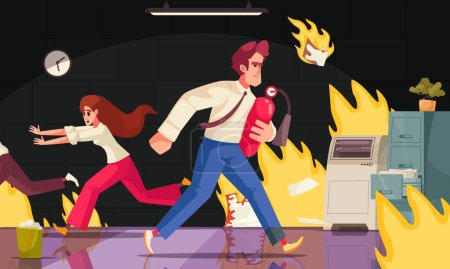 Illustration for Evacuation cartoon poster with office workers escaping fire vector illustration - Royalty Free Image