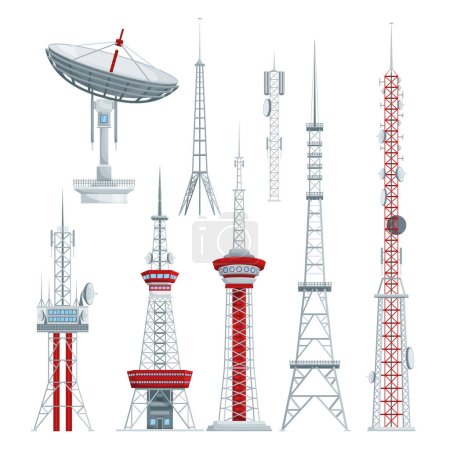 Ilustración de Comunicación radio tv antena torres conjunto de iconos aislados con vistas de la televisión y antenas celulares vector ilustración - Imagen libre de derechos