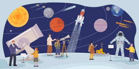 Illustration for Planetarium flat composition with view of people on excursions looking in telescopes with planets on orbits vector illustration - Royalty Free Image