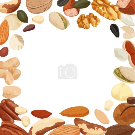 Ilustración de Nueces y semillas de composición plana con espacio vacío rodeado de imágenes de frijoles de diferentes vectores de color ilustración - Imagen libre de derechos