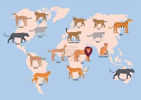 Téléchargez les illustrations : Chat sauvage carte du monde composition plate avec carte du monde avec icônes de chat famille félins illustration vectorielle - en licence libre de droit