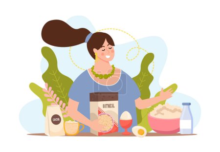 Illustration for Oatmeal flat composition with character of woman cooking porridge made with oat flakes eggs and milk vector illustration - Royalty Free Image