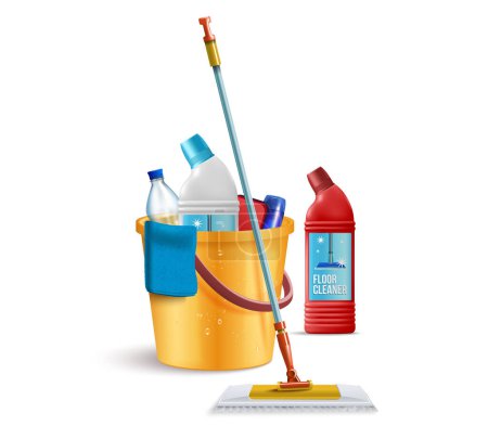 Illustration for Realistic cleaning composition with empty background and isolated view of mop bucket cloth and cleanup detergents vector illustration - Royalty Free Image