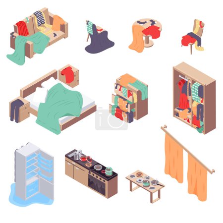Illustration for Messy room isometric set with interior and furniture symbols isolated vector illustration - Royalty Free Image