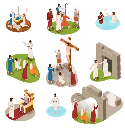 Illustration for Jesus life set with religion and faith symbols isometric isolated vector illustration - Royalty Free Image