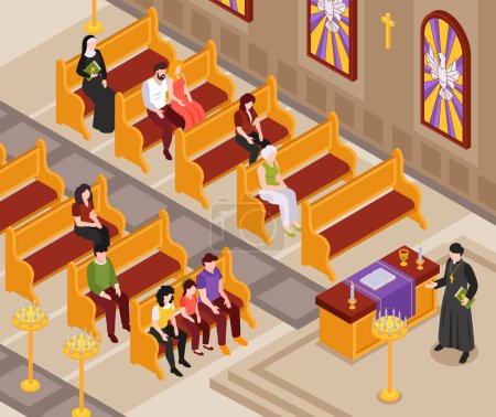Illustration for Isometric christianity region composition with indoor view of church with sitting people and priest prayer ceremony vector illustration - Royalty Free Image