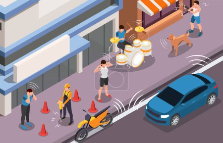 Noise pollution isometric background illustrated loud urban environment with workers repairing road and street musicians vector illustration