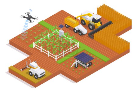 Illustration for Modern agricultural machinery isometric composition with remote controlled automatic powered by solar panels machines working on field vector illustration - Royalty Free Image