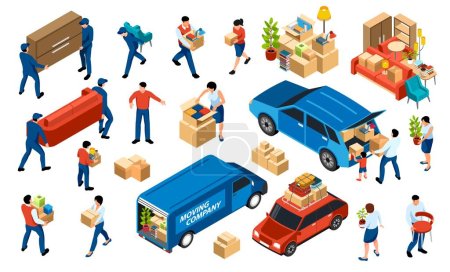 Illustration for Relocation isometric set with moving families and movers in uniform carrying furniture and boxes isolated 3d vector illustration - Royalty Free Image