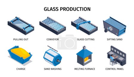 Ilustración de Iconos isométricos de producción de vidrio que representan lavado y tamizado transportador de horno de fusión de arena extrayendo ilustración vectorial aislada - Imagen libre de derechos
