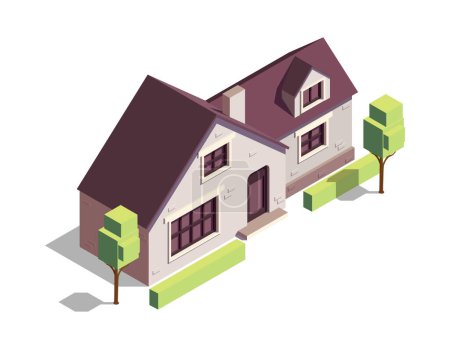 Ilustración de Isométrica casa residencial suburbana moderna con árboles verdes 3d vector ilustración - Imagen libre de derechos