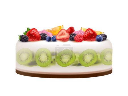 Téléchargez les illustrations : Délicieux gâteau festif décoré de fruits frais et de baies illustration vectorielle réaliste - en licence libre de droit