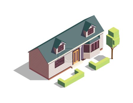 Illustration for Isometric suburban private house with green tree and trimmed bushes 3d vector illustration - Royalty Free Image