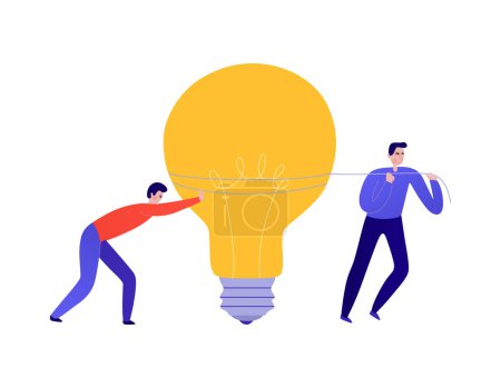 Illustration for Teamwork idea flat concept with two people carrying light bulb vector illustration - Royalty Free Image