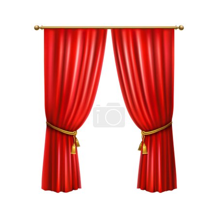 Illustration for Realistic luxury red curtains with golden tassels for living room interior vector illustration - Royalty Free Image