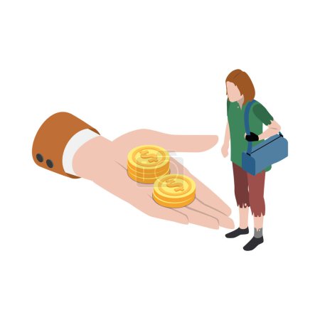 Téléchargez les illustrations : Icône isométrique de sécurité sociale avec main humaine donnant de l'argent à une pauvre femme Illustration vectorielle 3D - en licence libre de droit