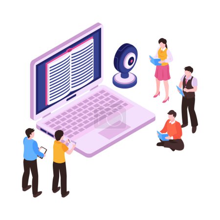 Illustration for People with books having online lesson on laptop 3d isometric icon vector illustration - Royalty Free Image