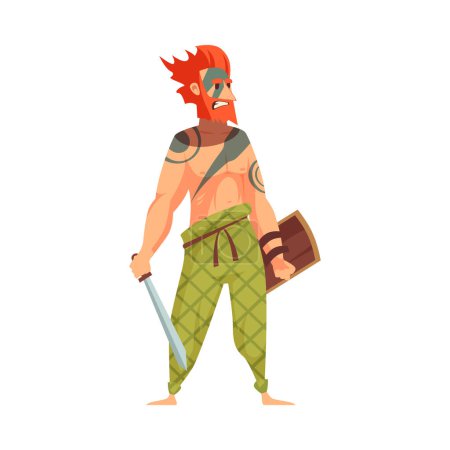 Illustration for Flat ancient celtic warrior with sword and shield vector illustration - Royalty Free Image