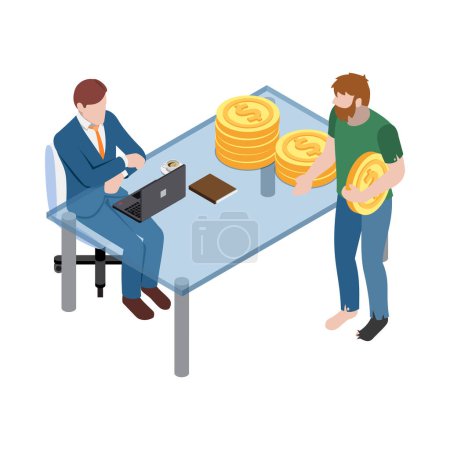 Illustration for Social security isometric icon with poor man getting unemployment benefit 3d vector illustration - Royalty Free Image