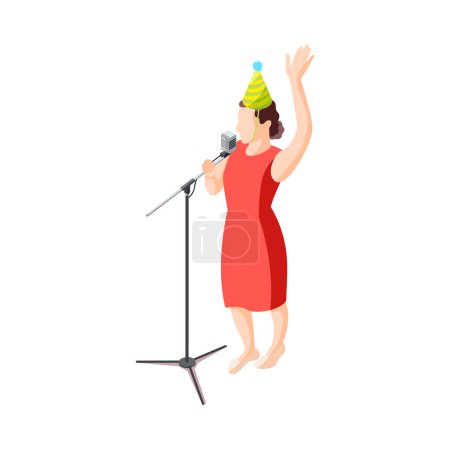 Téléchargez les illustrations : Femme avec microphone à la fête d'anniversaire icône isométrique illustration vectorielle - en licence libre de droit