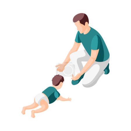 Illustration for Father on maternity leave isometric icon with dad spending time with baby vector illustration - Royalty Free Image