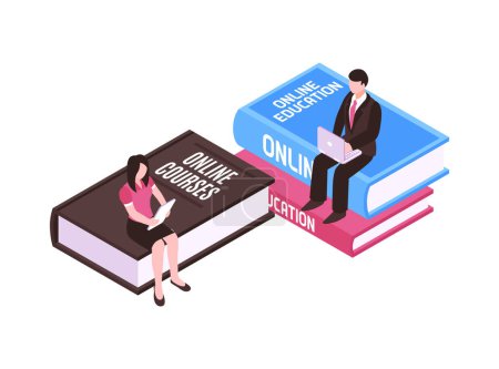 Illustration for Online lesson isometric concept with books and people studying on laptop and tablet 3d vector illustration - Royalty Free Image