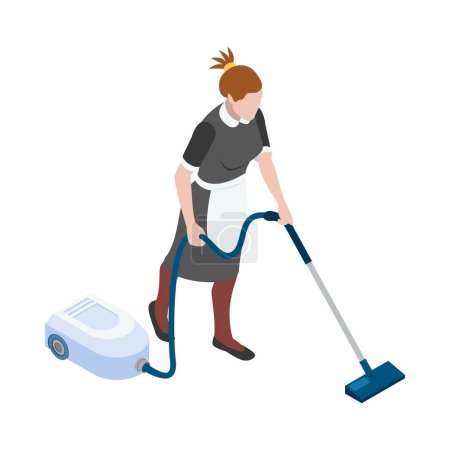 Illustration for Isometric housemaid in uniform vaccuming floor 3d vector illustration - Royalty Free Image