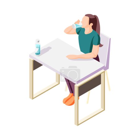 Illustration for Healthy lifestyle isometric icon with woman drinking water at table 3d vector illustration - Royalty Free Image