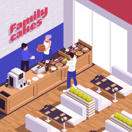 Illustration for Small family business isometric composition with indoor view of bakery cafe with seats counter and people vector illustration - Royalty Free Image
