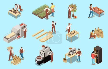 Ilustración de Coffee production industry isometric set of machinery for drying beans grain roasting grinding and cooking isolated vector illustration - Imagen libre de derechos