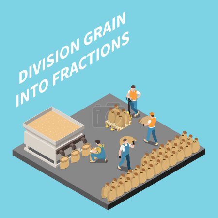 Téléchargez les illustrations : Wheat grain industry isometric background depicting workers characters involved in division grains into fractions vector illustration - en licence libre de droit