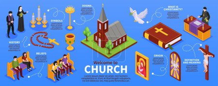 Ilustración de Welcome to church isometric infographics illustrated origin and history of christianity definition and meanings vector illustration - Imagen libre de derechos