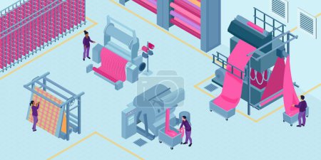 Téléchargez les illustrations : Isometric textile industry composition with indoor view of fabric factory with machine units and human operators vector illustration - en licence libre de droit