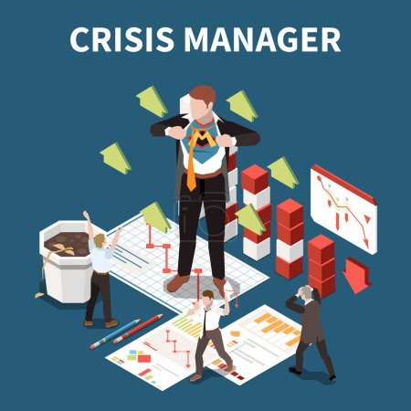 Téléchargez les illustrations : Crisis manager isometric concept with business professional and money loss symbols vector illustration - en licence libre de droit