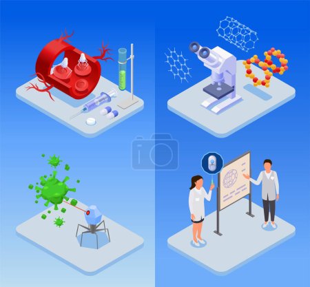 Téléchargez les illustrations : Isometric nanotechnology nanomedicine set with nanorobots being used for diseases treatment characters of scientists microscope isolated on blue background vector illustration - en licence libre de droit
