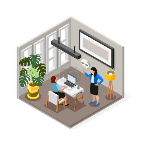 Illustration for Bad boss isolated isometric composition boss is telling off her employee in the workplace vector illustration - Royalty Free Image