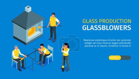 Illustration for Glass production horizontal banner with glassblowers male and female characters near melting furnace isometric vector illustration - Royalty Free Image