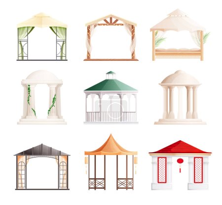 Ilustración de Gazebo in various styles for gardens or parks flat set isolated vector illustration - Imagen libre de derechos