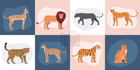Téléchargez les illustrations : Wild cats flat set of square compositions with isolated doodle style images of wild feline animals vector illustration - en licence libre de droit