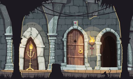 Illustration for Medieval castle dungeon cartoon composition with stone and wood interiors vector illustration - Royalty Free Image
