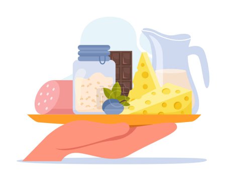 Illustration for Oatmeal flat composition with front view of human hand holding tray with sausage cheese and porridge vector illustration - Royalty Free Image