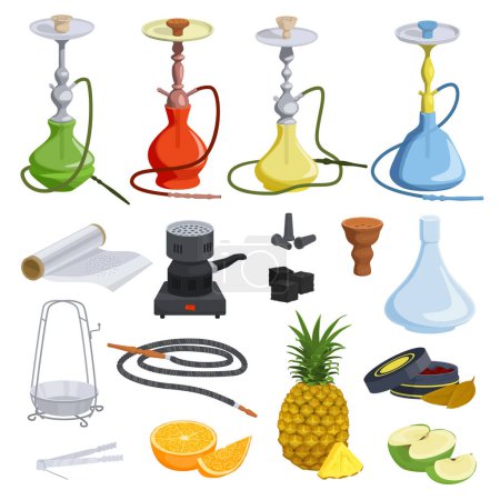 Illustration for Hookah flat set of hose bowls mouth tips coal charcoal burner tongs shafts foil icons isolated vector illustration - Royalty Free Image