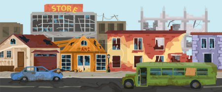 Ilustración de Post apocalypse flat vector illustration of town with destroyed houses and broken transport - Imagen libre de derechos