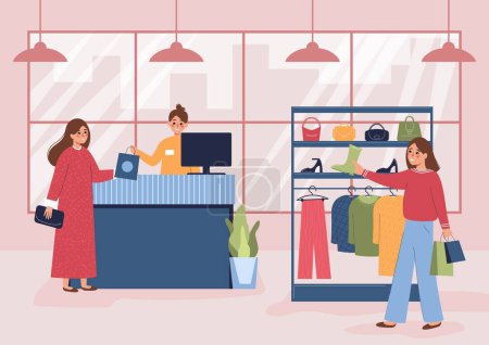 Téléchargez les photos : Shopping people flat composition with indoor view of clothing store with checkout cashier and female visitors vector illustration - en image libre de droit