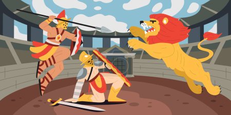 Illustration for Gladiator fights flat composition with outdoor colosseum scenery and characters of two warriors fighting angry lion vector illustration - Royalty Free Image